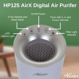 Hunter HP125 AirX EcoSilver HEPA Digital Air Purifier for Small Rooms, Grey