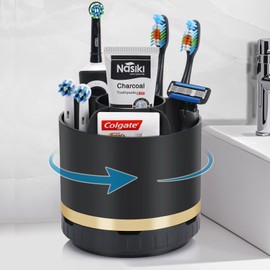 GFWARE Black Toothbrush Holders, 360°Rotating Bathroom Organizer Countertop with Drainage Matte Black Toothpaste Holder for Bathroom Accessories Organization Vanity Sink Storage