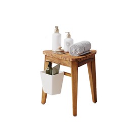 Teak Shower Bench, Waterproof Bathroom Teak Corner Shower Bench, Sturdy Non-Slip Bath Shower Foot Stool for Shaving Legs with Storage Basket