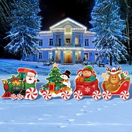 Marsui 4 Pieces Christmas Decorations Outdoor Yard Train Lawn Sign Gingerbread Santa Snowman Heart Yard Sign with 8 Yard Stakes for Outdoor Christmas Decorations (Cute Style)