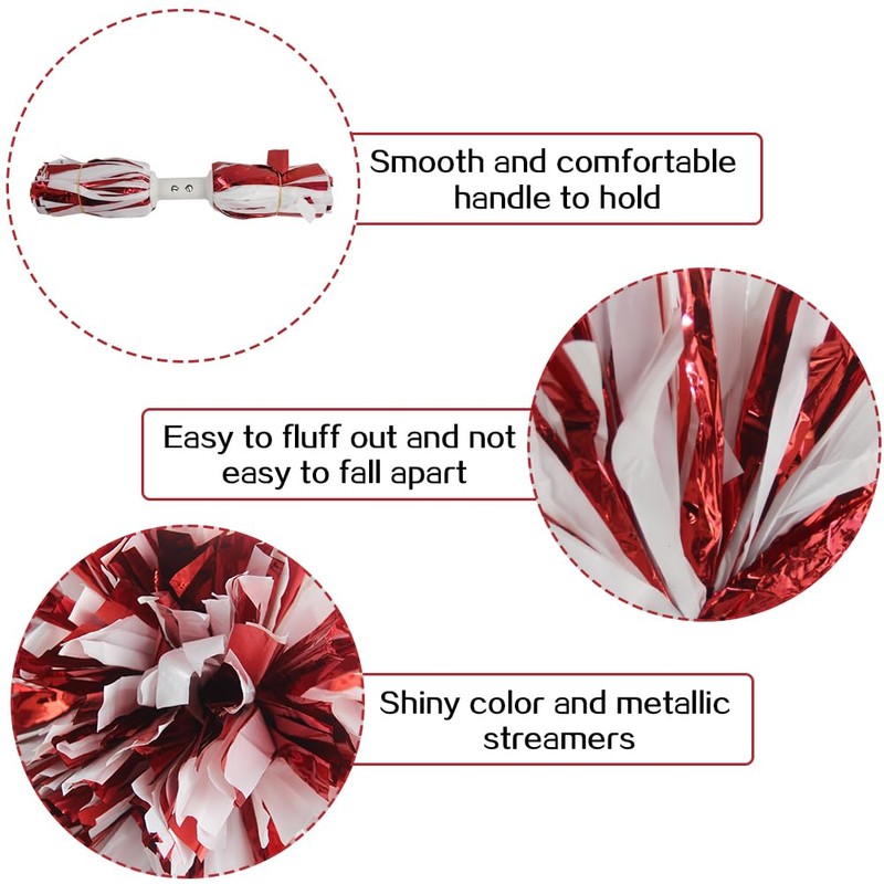 Hooshing 2PCS Pom Poms Cheerleading Metallic Red and White Professional