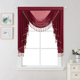 VOGOL Burgundy Red Swag Valance for Farmhouse, 1 Panel Soft Lightweight Sheer Voile Waterfall Curtains for Dining Room, Vintage Style Window Treatments with Tassels, 39 Inches Wide