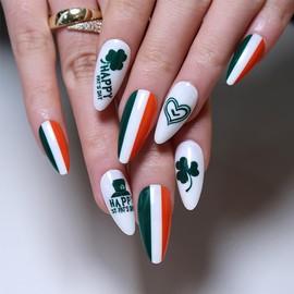St. Patrick's Day Press on Nails Medium Shamrock Press on Nails with Designs,Clover Heart Cartoon Hat Acrylic Nails Press on,Stick on Nails for Women,Glue on Nails Fake Nails 24 Pcs