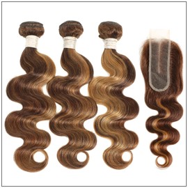 ALHER 4/27 Honey Blonde Highlight Bundles With 2x6 HD Closure Human Hair Body Wave, Balayage Ombre Brown 3 Bundles with 2x6 Kim K Closure, 100% Human Hair Bundles And Deep Part Closure 12 14 16 +12 IN