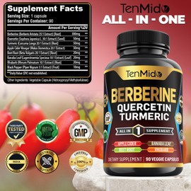 Tenmido Berberine Supplement for Men and Women, 8in1 Formula with Quercetin, Turmeric, Apple Cider Vinegar, Beet Root & More - Digestive, Immune Support - Rich in Nutrient - 90 Capsules
