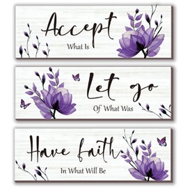 3 Pcs Purple Bathroom Decor Rustic Flower Wall Art Accept Let Go Have Faith Farmhouse Bedroom Wall Decor Wooden Inspirational Quotes Decorations for Living Room Bathroom Bedroom(Purple, 12 x 4 Inches)