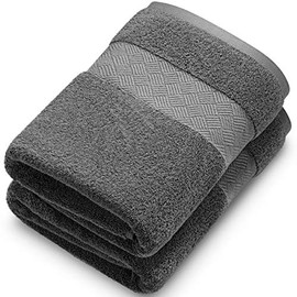 Alibi Bath Towel Set | 2 Pack of Soft Absorbent 30x56â Luxury Cotton Oversized Body Towels | Thick, Plush, Quick-Dry, Decorative Band, Woven Border & Machine Wash for Home Bathroom, Hotel & Spa | Gray