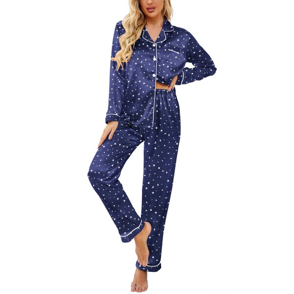 Ekouaer Womens Satin Pajama Set Classic Pattern Silky Pj Sets