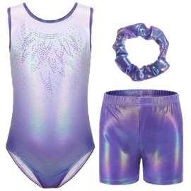 Boteria Gymnastics Leotards for Girls with Shorts Set, Long Sleeve/Sleeveless Dance Leotard Sparkle Dancewear for Kids 5-12 Years (Gradient Purple-sleeveless, 5-6 Years)