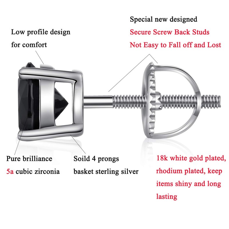 JiaYang Black Diamond Stud Earrings with Screw Back Sterling Silver