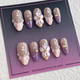 ONPRESS 30Pcs Summer Shell Press on Nails Medium Almond Fake Nails with 3D Pearl Rhinestones Starfish flower Design Pink Purple Grandient French Tip Tropical Glue on Nails Acrylic Nails for Women
