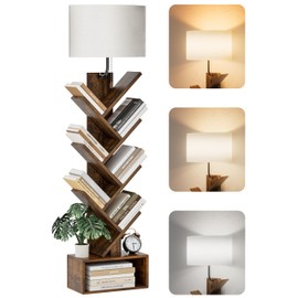 TabHolderix 6 Tier Tree Bookshelf with Light, Corner Tall Narrow Bookshelf, Small Bookcase with Storage Cabinet,Floor Standing Bookshelves Organizer for Bedroom/Living Room/Home Office, Rustic Brown