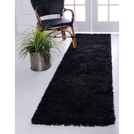 Unique Loom Solo Solid Shag Collection Area Modern Plush Rug Lush & Soft, 2 ft 6 in x 19 ft 8 in, Jet Black