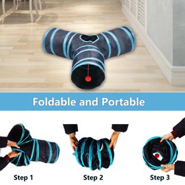 Deofun Cat Tunnel Tube Toys，Tunnels for Indoor Cats, 3 Way Blue Collapsible Interactive Toy with Balls for Rabbits, Kittens, Ferrets, Puppy