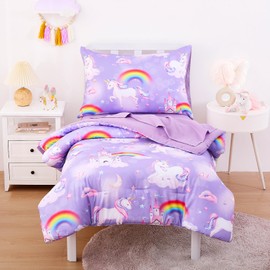 Wake In Cloud - Toddler Bedding Set for Girls, Colorful Unicorn Castle Rainbow, 4 Pieces Soft Crib Bed Set Including Comforter, Sheets and Pillowcase, Purple