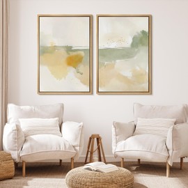 MUDECOR Framed Canvas Print Wall Art Set Abstract Watercolor Landscape with Soft Green and Yellow Tones Illustrations Modern Art Decorative for Living Room, Bedroom, Office - 16"x24"x2 Natural