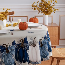 Fall Tablecloth 60x60 Inch Round, Blue Vintage Pumpkin Maple Leaf Fall Table Cover Seasonal Autumn Thanksgiving Scalloped Edge Waterproof Table Cloth Home Decor