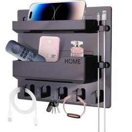 Bedside Shelf Wall Mount, Adhesive Bedside Shelf Accessories Organizer with Hooks and Cable Clips,Dorm Bedside Wall Storage for Phone, Remote, Earphone, Kindle,Plastic (5 Hooks Style-Black)