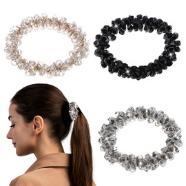 3 Pcs Sparkly Crystal Hair Scrunchies Rhinestone Hair Ties Elastic Pearl Ponytail Holder Fancy Glitter Hair Bands Stretchy Pretty Hair Ropes Beaded Decorative Hair Accessories for Women Girls