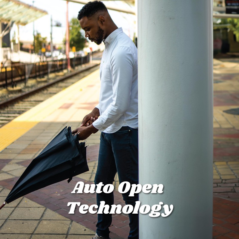 totes Auto Open Wooden Handle J Stick Umbrella, Black