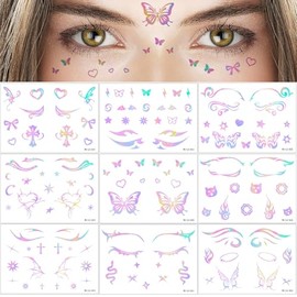 Qpout 9pcs Holographic Makeup Tattoo Stickers,Laser Gradient Eye Face Body Art Temporary Tattoos for Women Girls Music Festivals Nightclubs Carnival Birthday Party Decoration