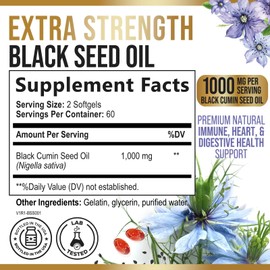 Black Cumin Seed Oil Capsules 1000mg per Serving - Premium Nigella Sativa Blackseed, Pure Natural Black Seed Oil & Antioxidant for Skin & Immune Support - Bottled in USA Supplement - 120 Softgels