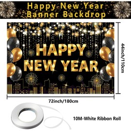 Happy New Year Banner - New Year Eve Party Supplies 2025 New Year Decorations, NYE Decorations Backdrop Happy New Year Decorations for Photography Background Sign Indoor Outdoor 71 x 45 Inch