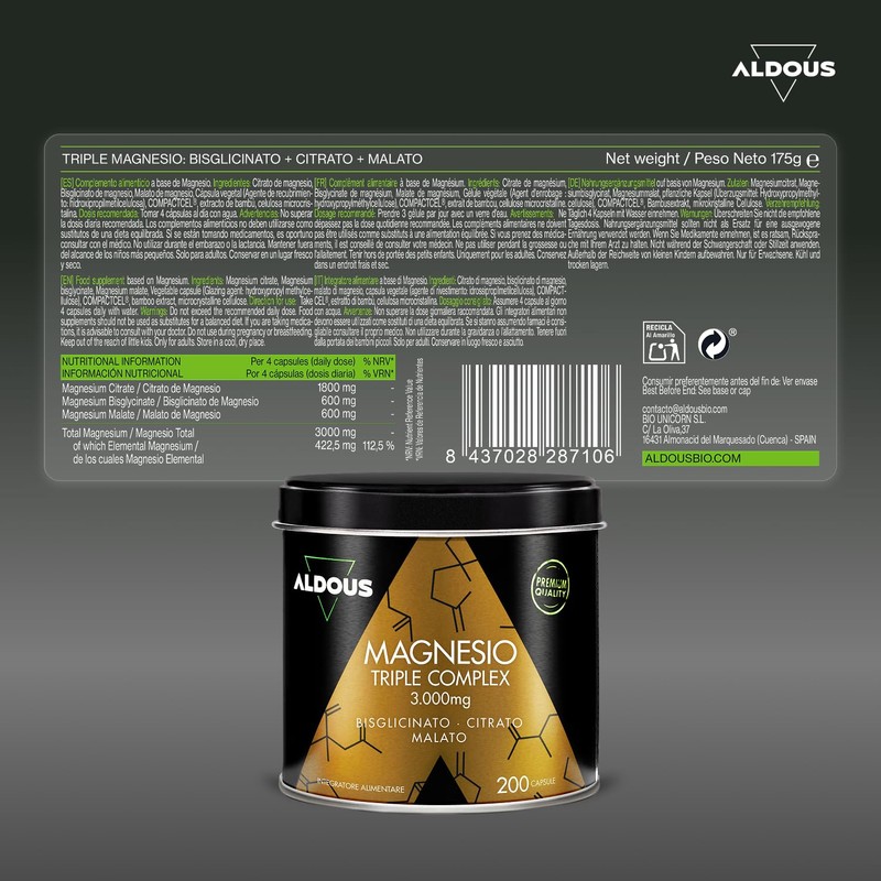 Magnesio Completo 3000mg - 200 Capsule - Magnesio Bisglicinato, Citrato,