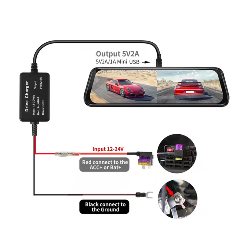 Dash Cam Hardwire Kit MINI USB Adapter 12V‑30V to 5V