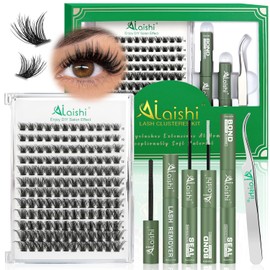 Lash Clusters Kit, DIY 3D Cluster Eyelash Extensions 10‑18mm,144pcs Fluffy D Curl Soft Natural Lashes with Bond and Seal,Remover,Tweezers, –Natural Fake Cat Eye Wispy Individual Clusters（DFW02MIX1-5）