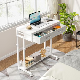Tribesigns Portable Desk with Drawers, Mobile Laptop Desk with Wheels, Couch Desk Sofa Side Table Bed Desk, Small Standing Desk for Home Office (White)