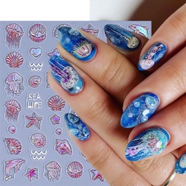 3 Sheets Summer Nail Art Stickers Shell Starfish Nail Stickers Cute Jellyfish Nail Decals Holographic Laser Beach Shell Conch Nails Design Summer Sea Theme Nails Supplies for Women Nail Decorations