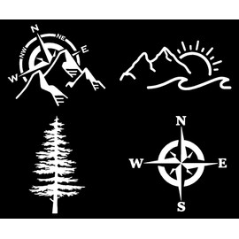 Compass Mountain Decal 4 Pack: Moutains with Compass, Mountain Sun Waves, Pine Tree, Compass (White, Small ~3.5")