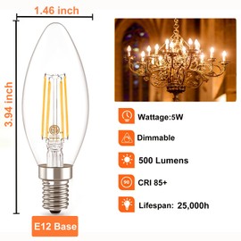 B11 LED Bulb Dimmable, 6 PCS Ivyemons High Output B11 Candelabra LED Bulbs 2700K Warm White 5W Equivalent 60W 120V, No Flicker LED B11 Filament E12 Base Bulb for Chandeliers and Ceiling Fans Decor.