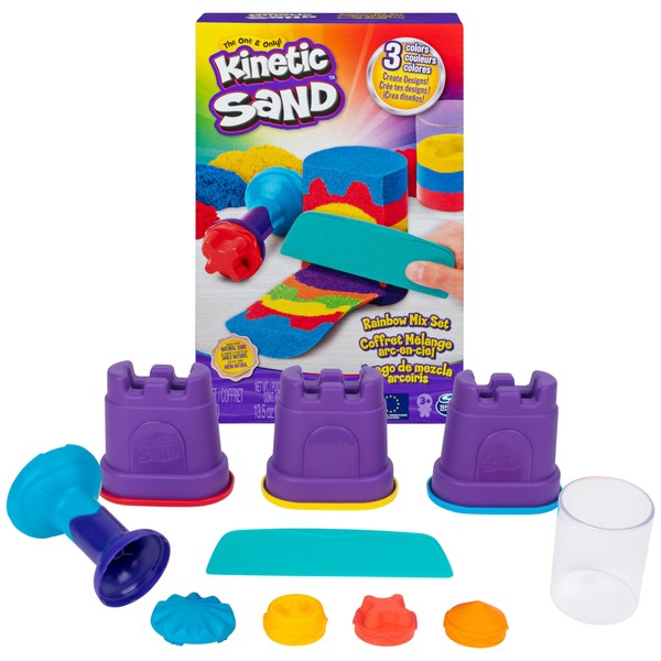 Kinetic Sand, Rainbow Mix Set with 3 Colors of Play Sand (13.5oz) and 6 Tools, Sensory Toys, Stocking Stuffers for Kids