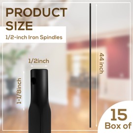 Dunzy 1/2" x 44" Deck Balusters Wrought Iron Plain Balusters Black Metal Hollow Iron Spindles Baluster for Staircase Interior Indoor Stairs Deck Railing(15 Pcs)