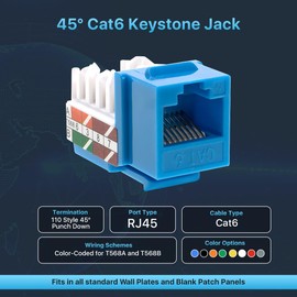 SATMAXIMUM 20 Pack Cat6 Keystone Ethernet Wall Jacks RJ45 Punch Down Slim Profile UTP Blue, 45 Degree for Patch Panel & Wall Plate, Supports Up to 10Gbps
