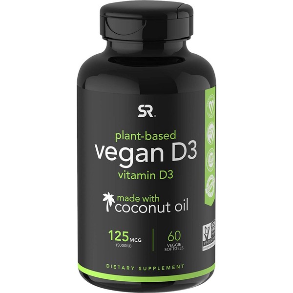 Vegan Vitamin D3 5000iu (125mcg) with Coconut Oil | 100% Plant-Based Supplement for Bone, Joint & Immune Support | Carrageenan Free, Vegan Certified & Non-GMO Verified (60 PlantGels)