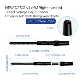 Riayer 20 Pack Black Cable Railing Kit,Invisible Crimp Fitting Cable Railing Hardware, 180°Adjustable Right&Left Handed Thread Swage Lag Screws for Wood Post of 1/8" T316 Stainless Steel,HF016BA