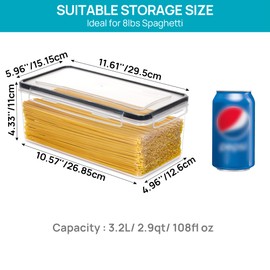 Vtopmart Airtight Food Storage Containers with Lids 4PCS Set 3.2L, Plastic Spaghetti Canisters for Pasta organizer, BPA Free Air Tight Kitchen Pantry Organization