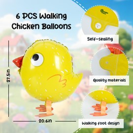 BruinBang 6 PCS Yellow Walking Chicken Balloons Farm Chick Foil Balloons for Kid Birthday Party, Barnyard Animal Baby Shower Decorations, Inflatable Little Chicken for Farm Animal Theme Party Supplies
