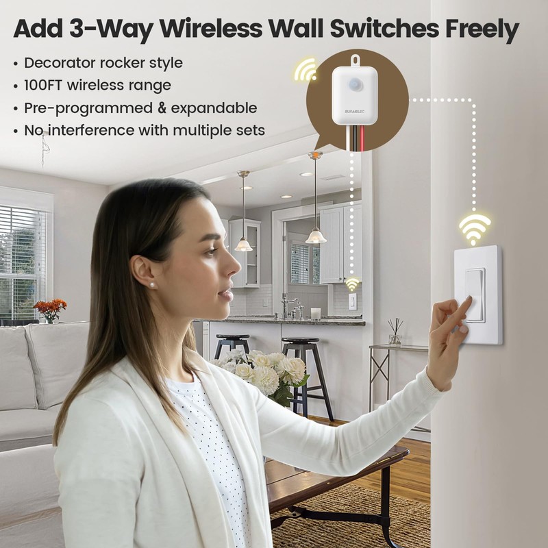 SURAIELEC 3 Way Wireless Light Switch and Receiver Kit, Decorator