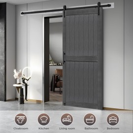 S&Z TOPHAND® 24in x 84in MDF Deep Gray Barn Door with 4FT Sliding Door Hardware Kit, 24-60in Solid Barn Door Slab Covered with Water-Proof PVC Surface, Simple Assembly is Required