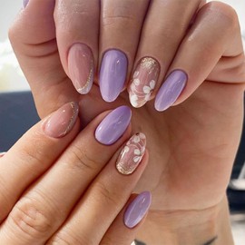 Purple Almond Press on Nails Flower Fake Nails Glossy Purple False Nails with Designs Glue on Nails Medium Length Acrylic Nails Full Cover Stick on Nails Summer Artificial Nails for Women 24Pcs