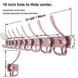 WEBI Coat Rack Wall Mount,37 5/8" Long Coat Hanger Wall,Coat Hooks Wall Mounted,16'' Hole to Hole,10 Triple Hooks for Hanging Coats,Clothes,Jacket,Hats,Antique Copper,2 Packs