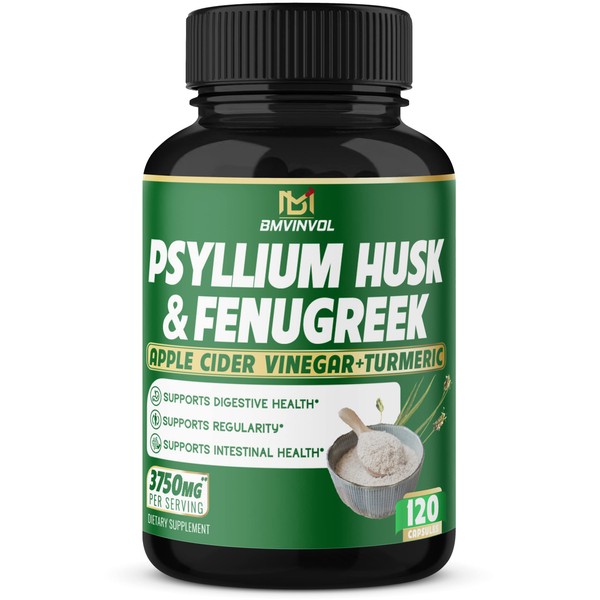 BMVINVOL Psyllium Husk Capsules 3750mg - Fenugreek, Apple Cider Vinegar, Turmeric - Fiber Supplement for Supports Digestive Health & Regularity (120 Count)