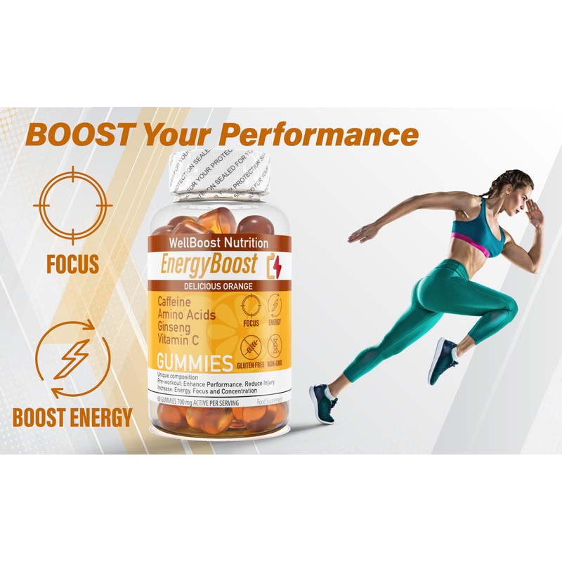 WellBoost Energy Boost - Pre Workout, Caffeine, Ginseng, VIT C,