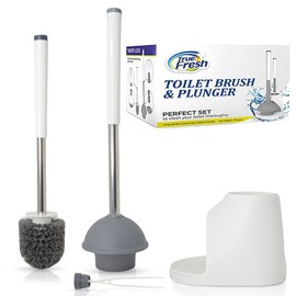 True Fresh Toilet Brush and Plunger Set with Holder Caddy -Stainless Steel Brush and Toilet Plunger for Heavy Duty -2-in-1 Scrubber Combo with Hidden Tweezer & Extendable Plastic Handle