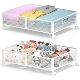 ABCASTER Under Bed Storage with Wheels, Rolling Under Bed Storage Bins for Shoes Clothes, Foldable and Easy Mobility (2 Pack, White)