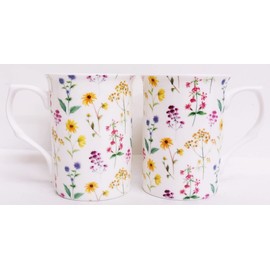 Meadow Flowers Mugs Set of 2 Fine Bone China Multicolour Floral Hand Decorated UK
